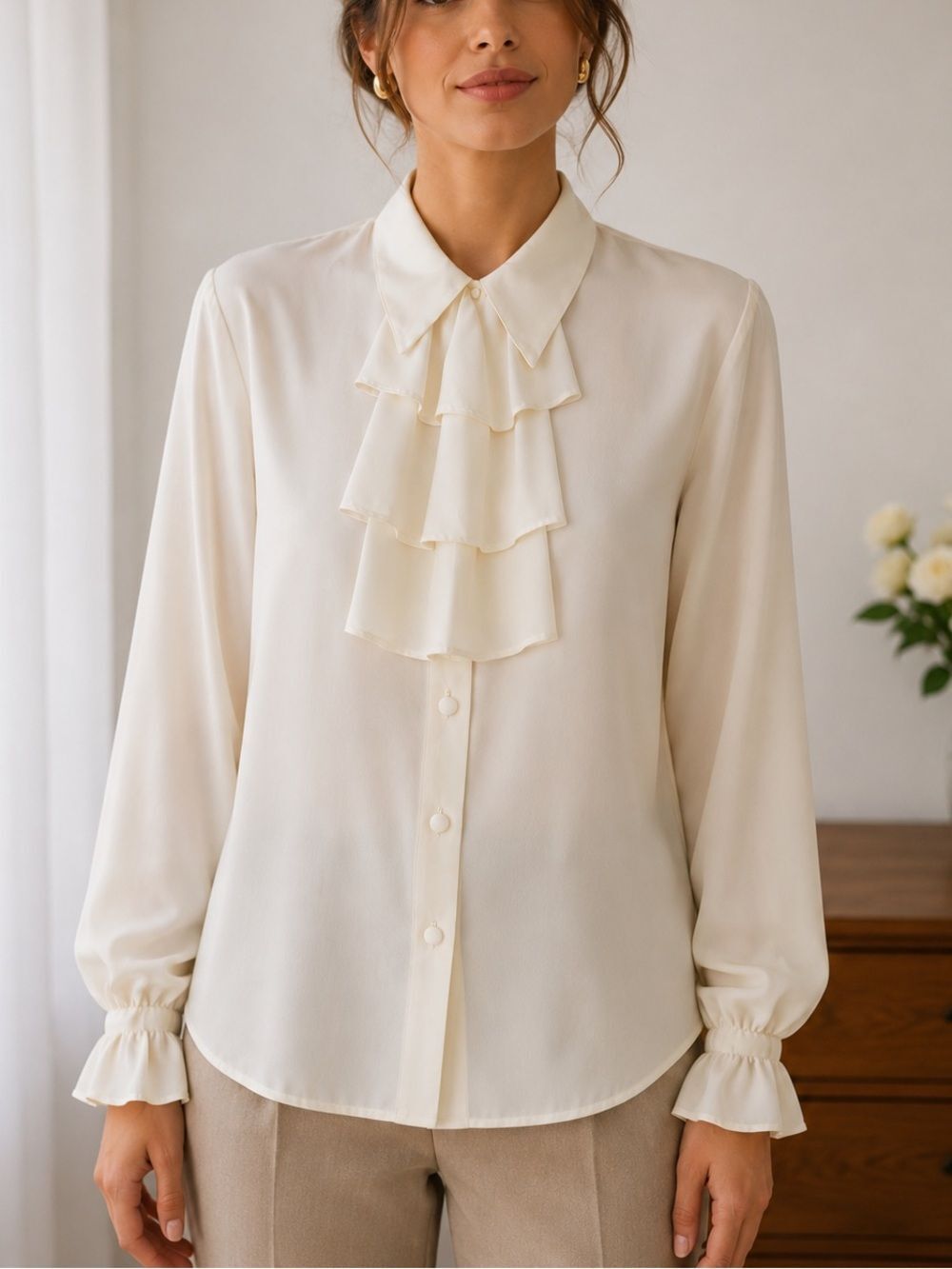 Vintage Christie & Jill Ivory Ruffle Sheer Blouse Romantic Secretary Top USA‎ 12